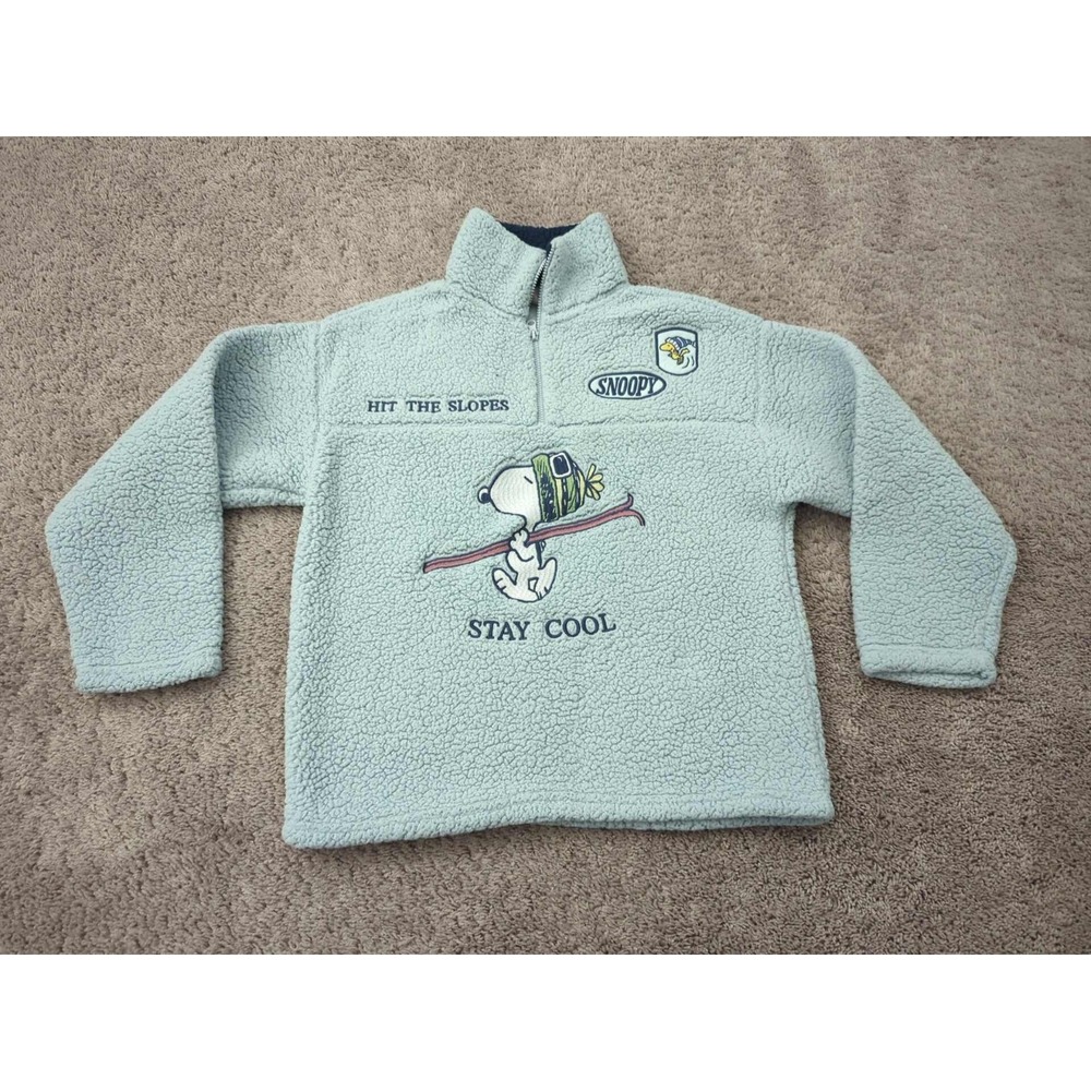 Peanuts Snoopy Sweater Womens M Blue Sherpa‎ Winter "Hit The Slopes" "Stay Cool"